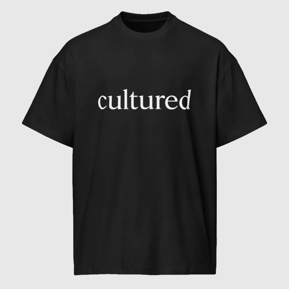 A black short-sleeve crewneck t-shirt with the word 'cultured' printed in white serif lowercase letters across the chest, shown against a plain white background.